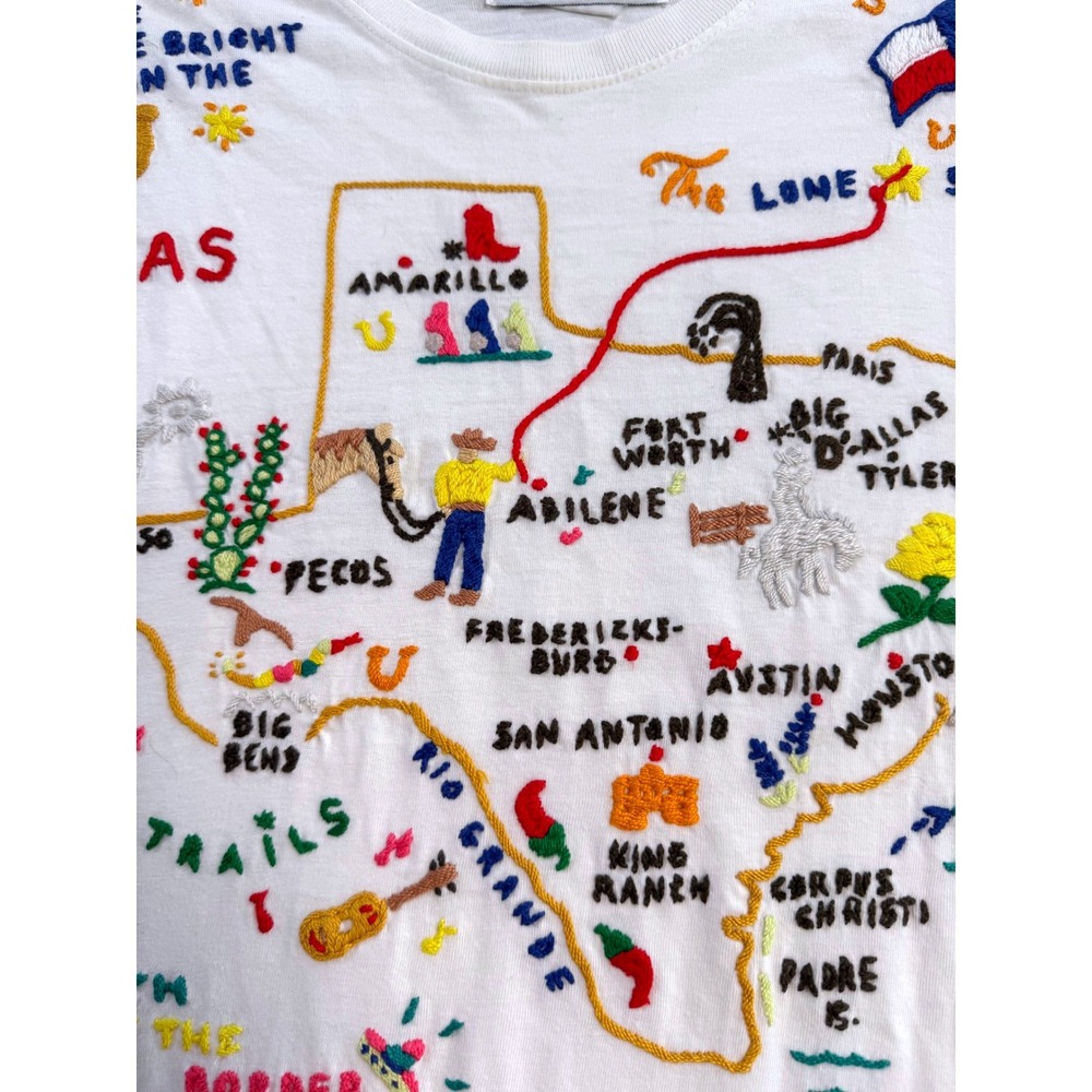 Vintage Style Texas Map Embroidered Tee Swan Magic Folk Art Graphic Shirt USA XL - Picture 4 of 9